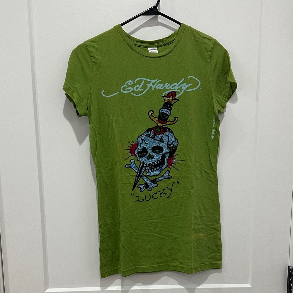 Ed Hardy Olive Tee with Skull and Snake Design